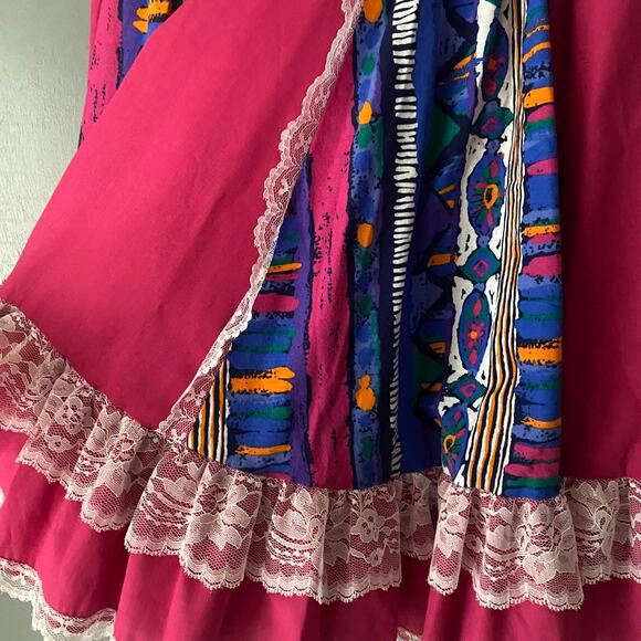 PITCHFORK BRAND Vintage 70's Womens M Prairie Skirt Vibrant Pink Lace Abstract - Picture 7 of 9